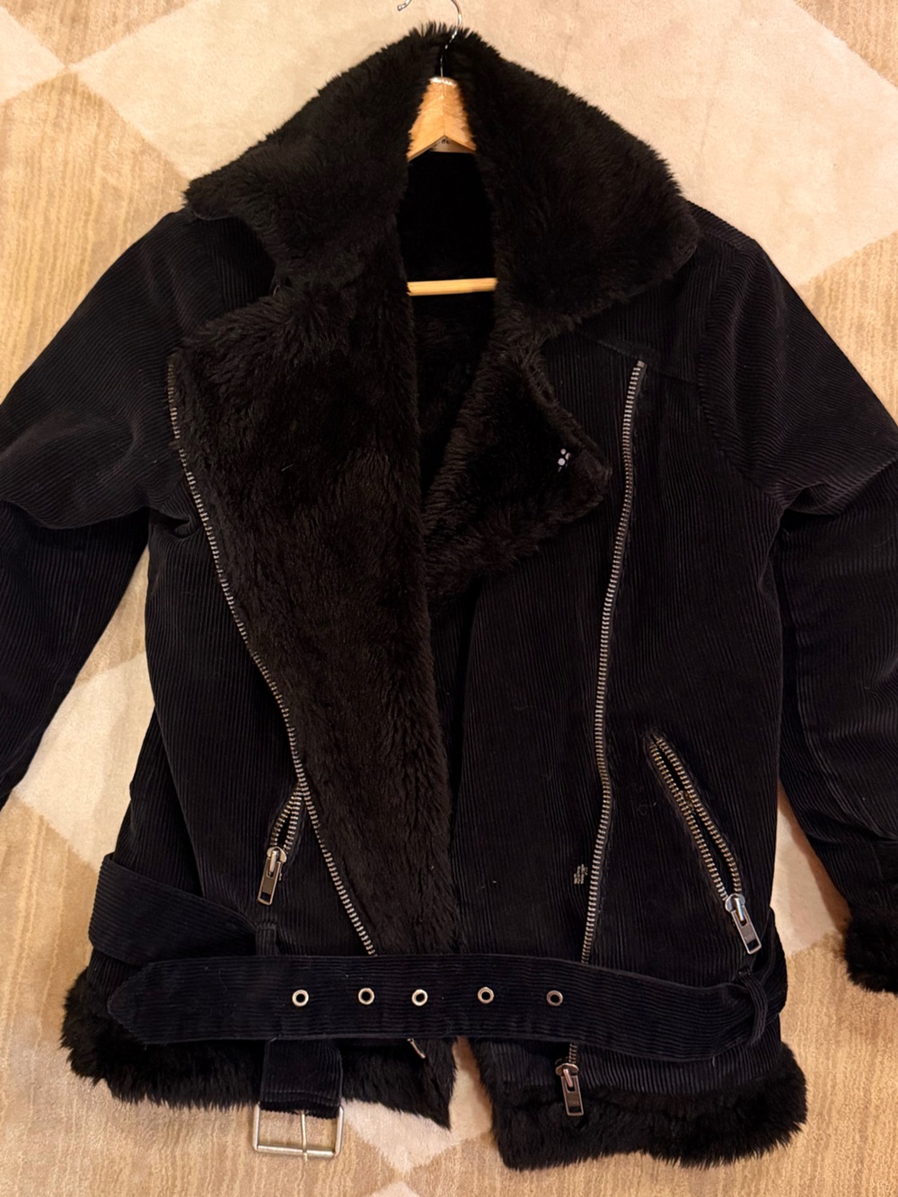 Cords & Co Women’s Black Corduroy Faux Fur Lined Moto Jacket